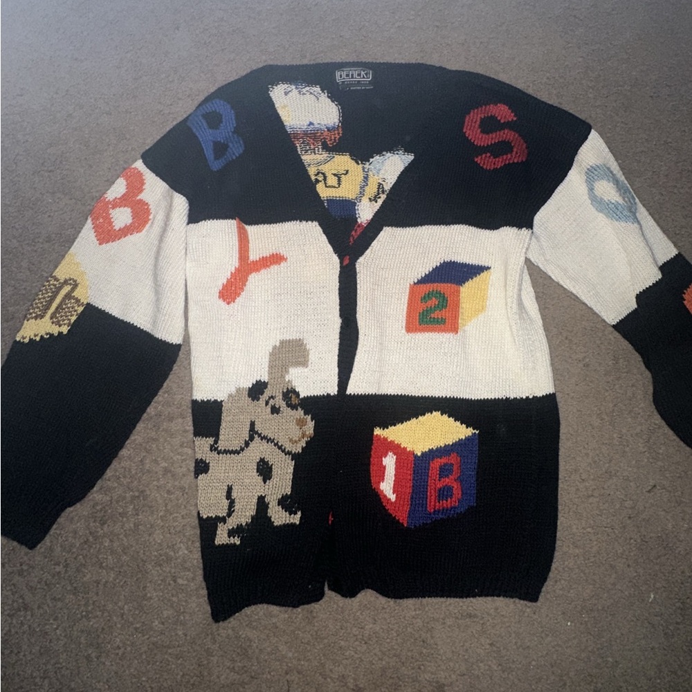 BEREK Hand Knit Pima Cotton Cardigan Storybook Graphic Sweater 1998
